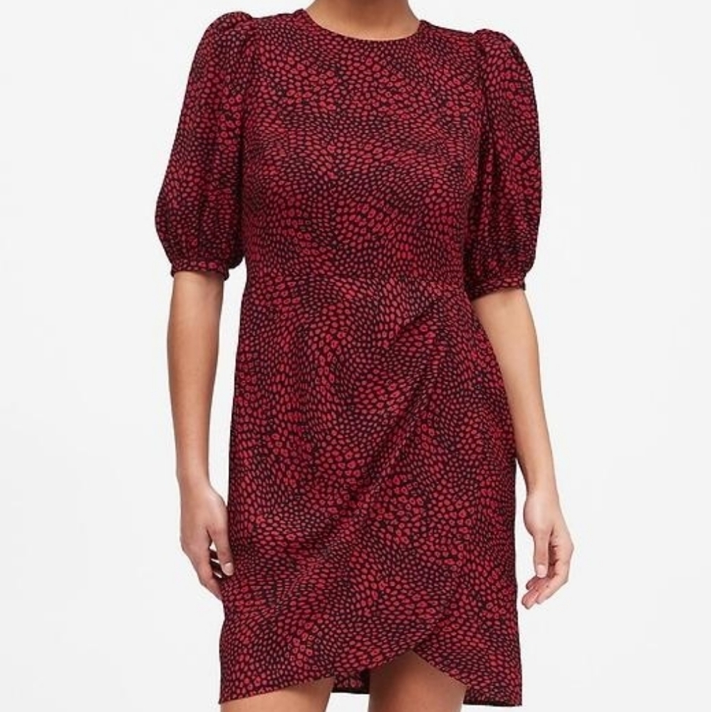 Puff-Sleeve Sheath Dress in Pink Print